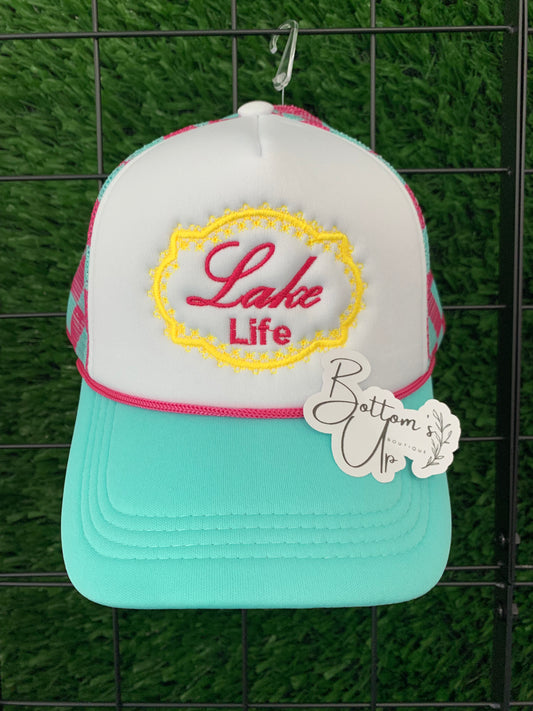 Lake Life Embroidered Foam Trucker Hat – Snapback with Checkered Mesh Back