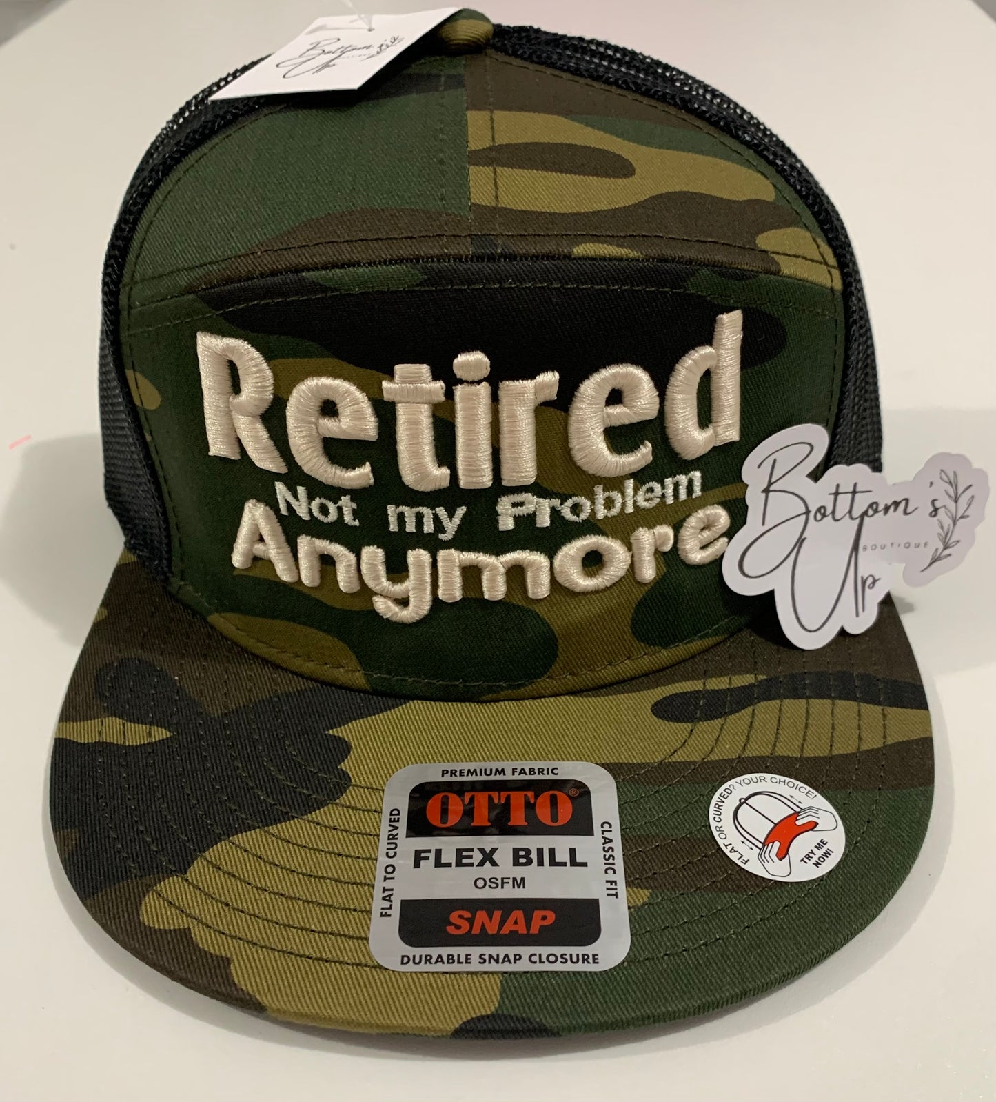 Retired Not My Problem Anymore 7 Panel Otto Flat Bill Camo Hat