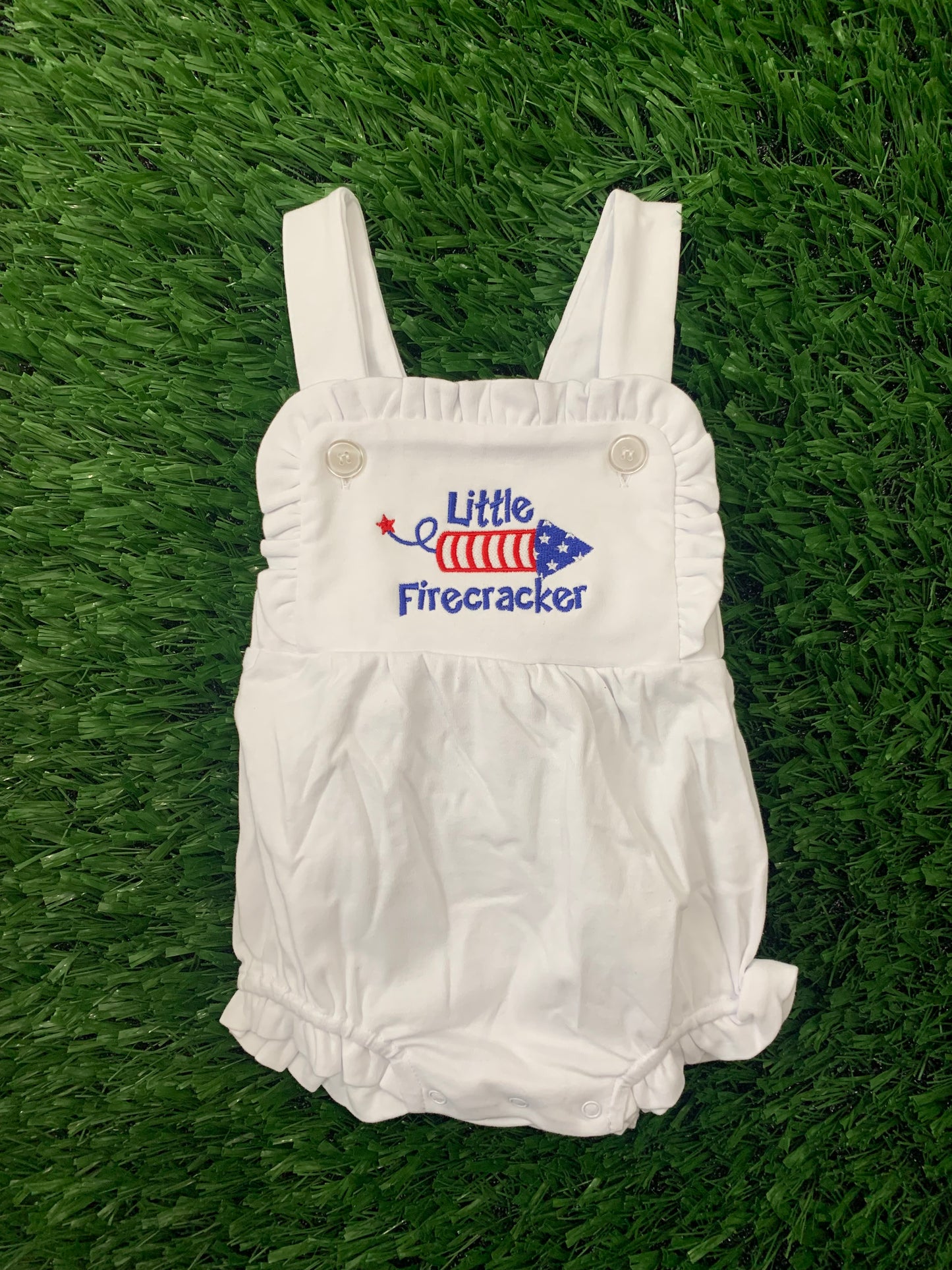 Personalized Little Firecracker Ruffle Bubble Romper | Embroidered Baby Gift