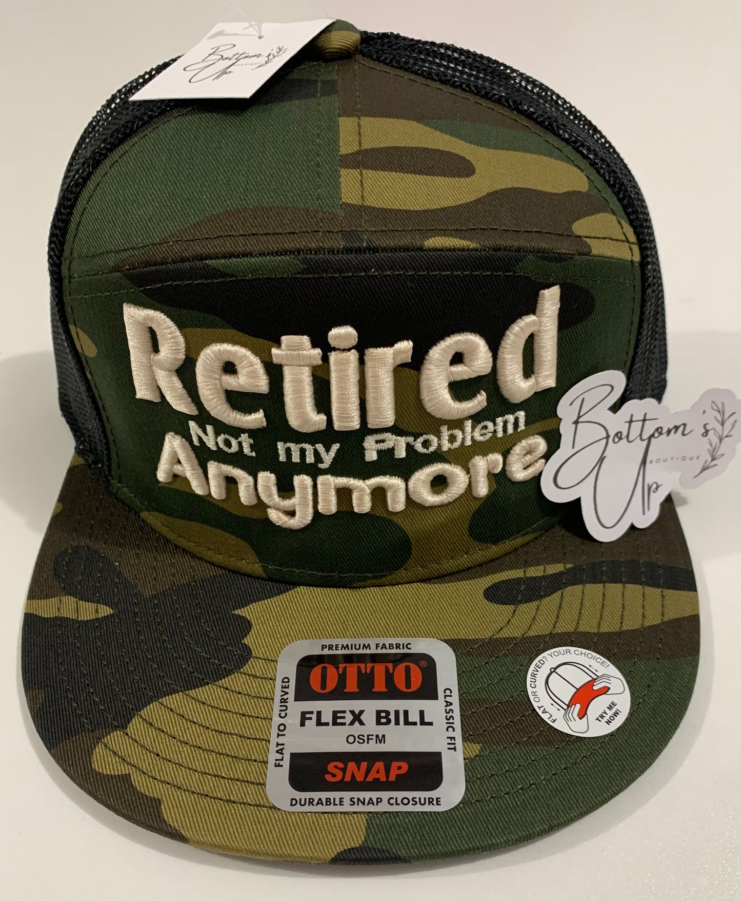 Retired Not My Problem Anymore 7 Panel Otto Flat Bill Camo Hat